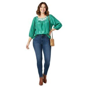 Lane Bryant Green Embroidered Peasant Blouse Button Balloon Sleeve 14/16